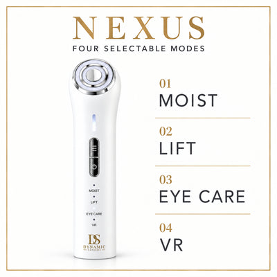 NEXUS device with four labeled modes: MOIST, LIFT, EYE CARE and VR